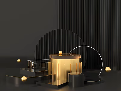 Elegant E-commerce Display Stand With Black Gold Cylindrical Step Platform Golden Spheres And Curved Decor 3d model