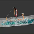 Viking Wooden Ship With Red And White Striped Sail And Dragon Head On Blue Waves With Reflection