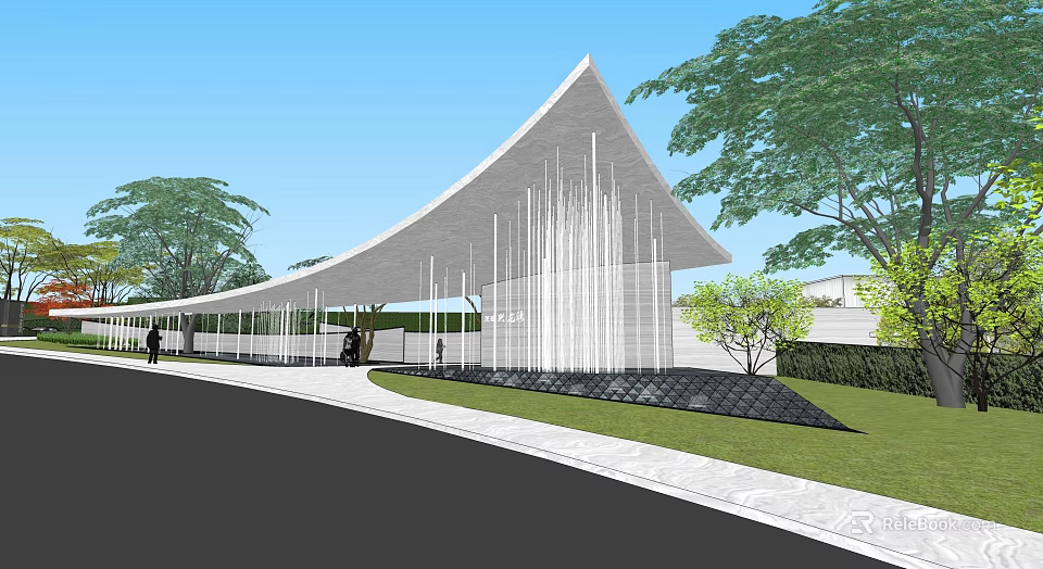 Modern Entrance Gate With Curved Roof White Structure Surrounding Greenery And Paved Ground 3d model 