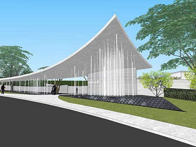Modern Entrance Gate With Curved Roof White Structure Surrounding Greenery And Paved Ground 3d model