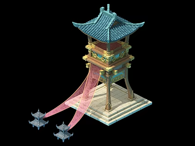 Traditional Chinese Pagoda With Blue Roof Multi tiered Structure Pink Ribbons And Square Base 3d model