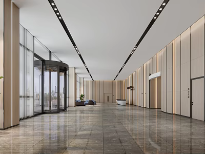 Modern Front Desk Reception Area With Revolving Door Marble Floor And Long Corridor 3d model