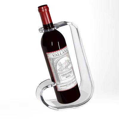 Red Wine Bottle in Transparent Wine Glass Shaped Holder with Elegant Modern Design 3d model