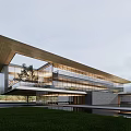 Modern Sales Office Building With Transparent Glass Sloped Roof Green Lawn And Water Feature
