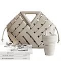 Stylish Decorative Ornament Set With Woven Basket Books Cup And Glasses