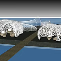 White Hollow Structured Pergolas by Waterfront With Wooden Walkway And Seating Area Under Blue Sky