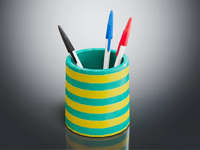 Colorful Pen Holder With Yellow And Green Stripes Containing Various Colored Pens 3d model