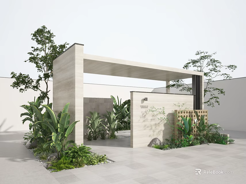Modern Courtyard Garden With Stone Archway Green Plants Wooden Lattice And Stone Flooring 3d model 
