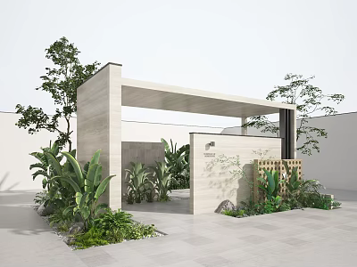 Modern Courtyard Garden With Stone Archway Green Plants Wooden Lattice And Stone Flooring 3d model