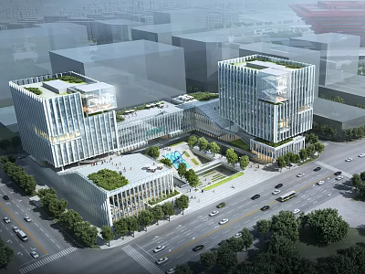 Modern Office Building With Glass Facade Rooftop Gardens And Surrounding Greenery 3d model