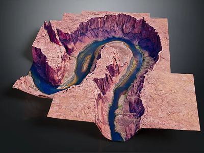 Natural Canyon Terrain Showcasing Winding Blue River And Red Rock Formations 3d model