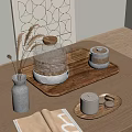 Elegant Tea Set With Glass Teapot Teacups And Tea Caddy On Wooden Table Woven Tray