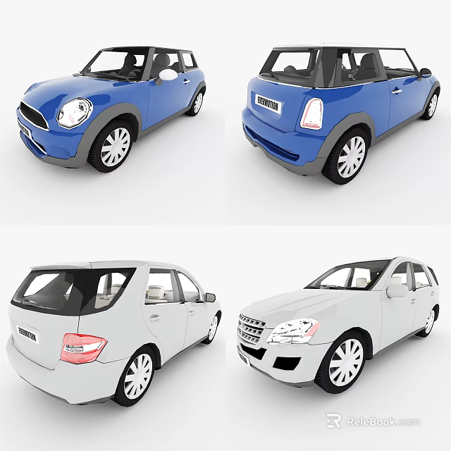 Blue And White Compact Cars Displayed In Multiple Angles With Modern Design 3d model 