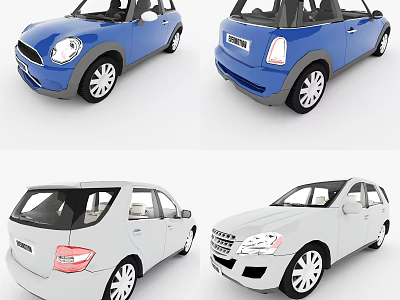 Blue And White Compact Cars Displayed In Multiple Angles With Modern Design 3d model