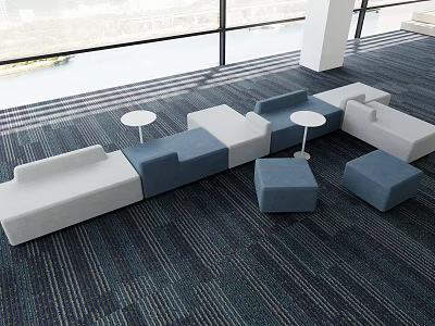 Modern Sofa Coffee Table Combination Interior With Gray Blue White Seats And Large Windows 3d model