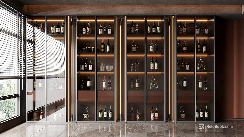 Modern Wine Cabinet Design With Glass Doors And LED Lighting For Wine Storage 3d model 