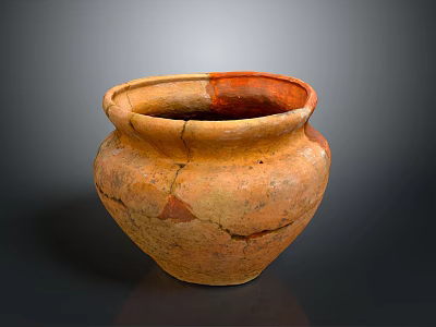 Ancient Handcrafted Earthenware Jar Sculpture with Cracked Textured Surface and Orange Red Tones 3d model