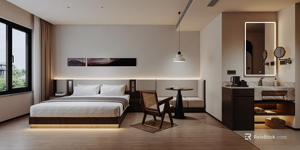 Minimalist Hotel Guest Room With King Bed Wooden Chair Wall Art And Soft Lighting 3d model 