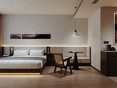 Minimalist Hotel Guest Room With King Bed Wooden Chair Wall Art And Soft Lighting 3d model