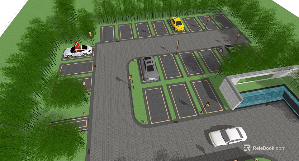 Eco Friendly Parking Lot with Green Vegetation Multiple Parking Spaces and Parked Vehicles 3d model 