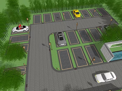 Eco Friendly Parking Lot with Green Vegetation Multiple Parking Spaces and Parked Vehicles 3d model