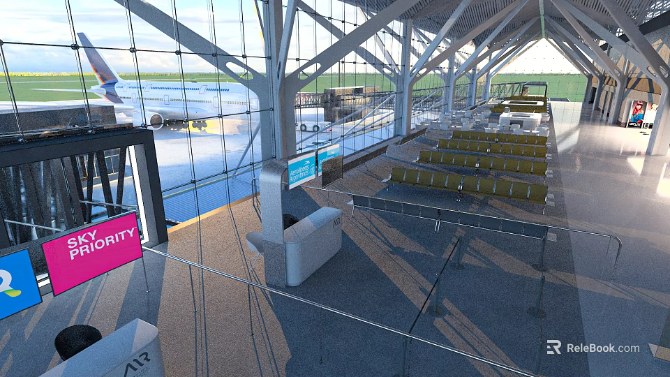 Modern Airport Waiting Area Featuring Glass Windows Yellow Seats And Airplane View 3d model 