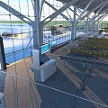 Modern Airport Waiting Area Featuring Glass Windows Yellow Seats And Airplane View