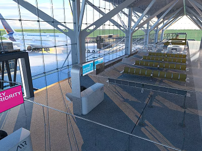 Modern Airport Waiting Area Featuring Glass Windows Yellow Seats And Airplane View 3d model