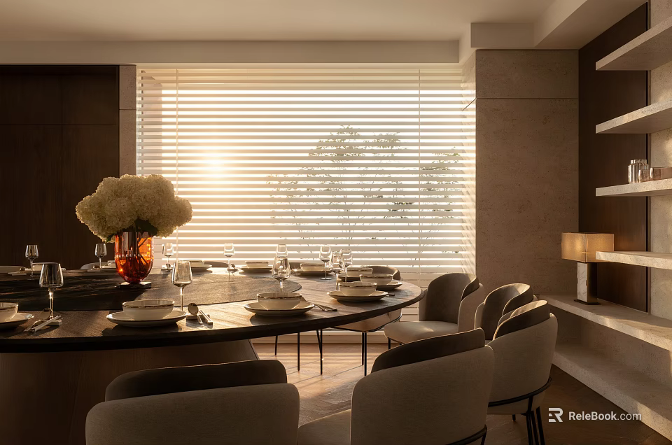 Modern Dining Table Set With Chairs Tableware Flower Vase And Sunlit Blinds In Interior 3d model 