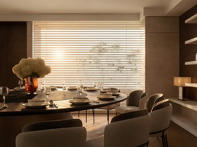 Modern Dining Table Set With Chairs Tableware Flower Vase And Sunlit Blinds In Interior 3d model