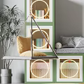 Green and White Entryway Cabinet Sideboard with Circular Cutout Design Mirror Books and Plant Nearby