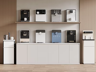Modern Coffee Machines And Water Dispensers On Kitchen Shelves And Cabinets 3d model