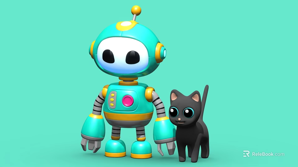 Cute Teal Robot And Black Cat Game Movie Characters With Big Eyes And Yellow Accents 3d model 
