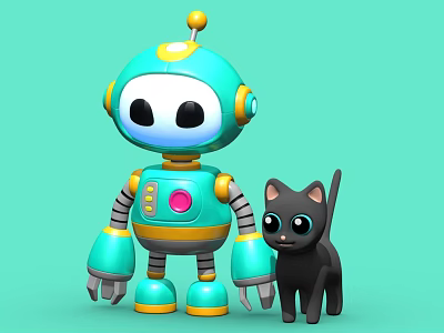 Cute Teal Robot And Black Cat Game Movie Characters With Big Eyes And Yellow Accents 3d model
