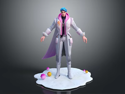 Game and Movie Character Blue Hair White Coat Purple Cape With White Base Colorful Balls 3d model