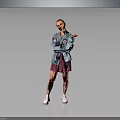 A Woman In Gray Jacket And Pink Floral Skirt Standing On Dark Background With White Sneakers