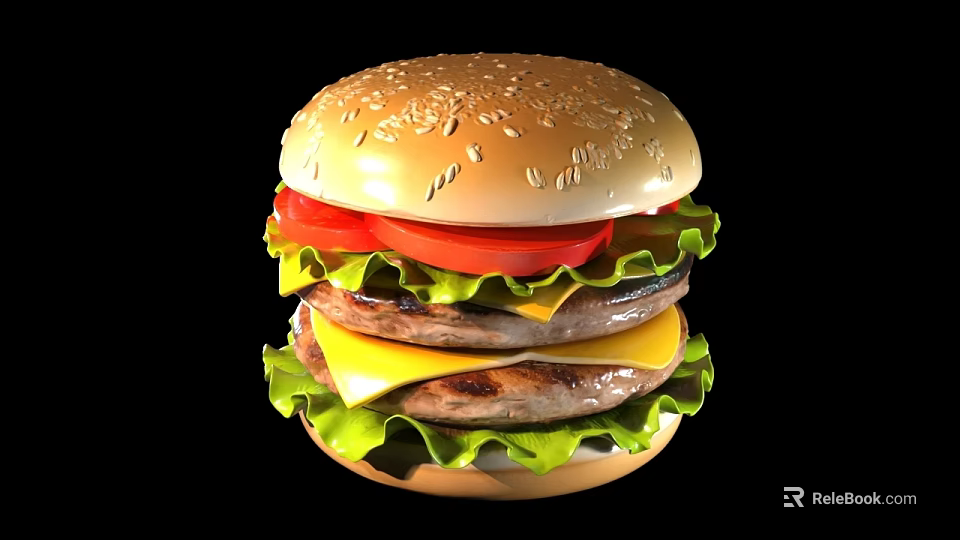 Juicy Double Beef Patty Cheeseburger With Sesame Seed Bun Tomato And Lettuce 3d model 