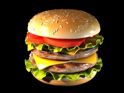 Juicy Double Beef Patty Cheeseburger With Sesame Seed Bun Tomato And Lettuce 3d model