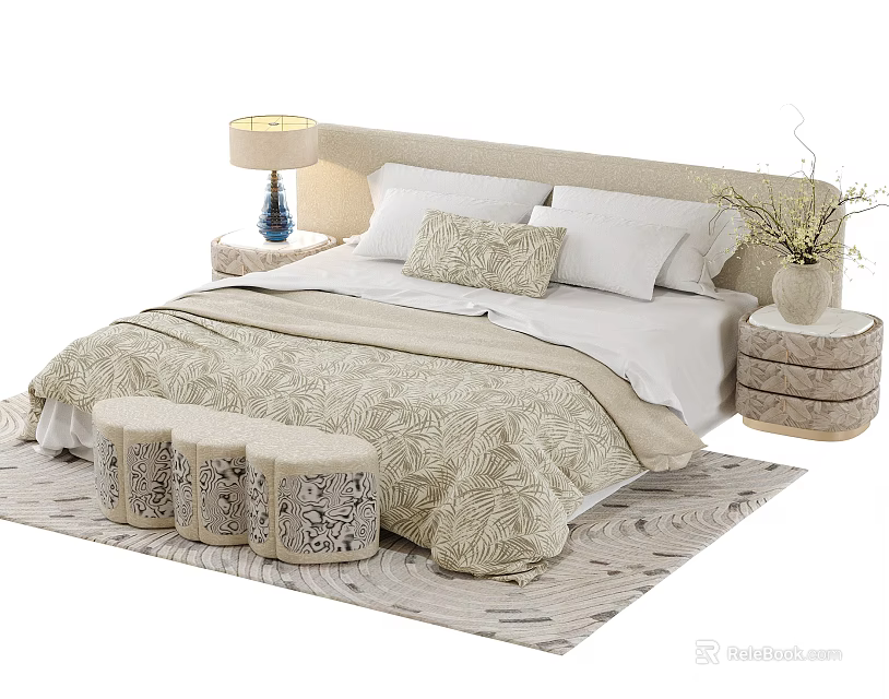 Cozy Kids Bed With Soft Bedding Pillows Side Table Lamp And Storage Stools 3d model 