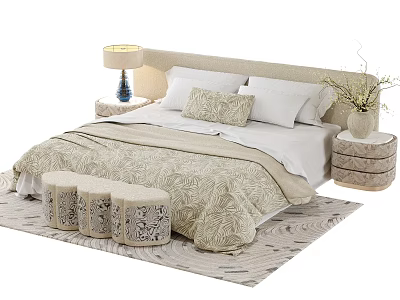 Cozy Kids Bed With Soft Bedding Pillows Side Table Lamp And Storage Stools 3d model