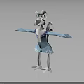 White Bird like 3D Character with Blue Dress and Green Eyes Spreading Arms