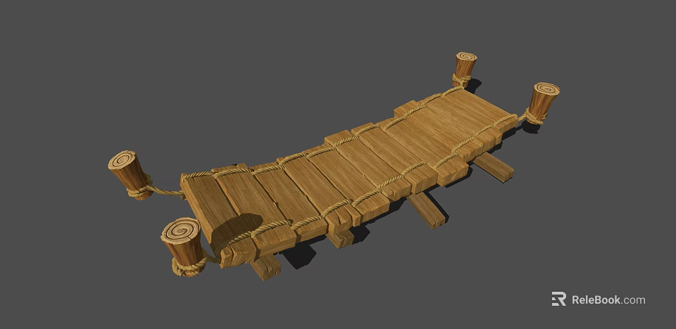 Rustic Wooden Bridge With Planks Ropes And Supporting Wooden Posts 3d model 