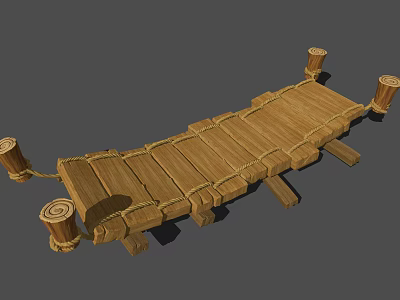 Rustic Wooden Bridge With Planks Ropes And Supporting Wooden Posts 3d model