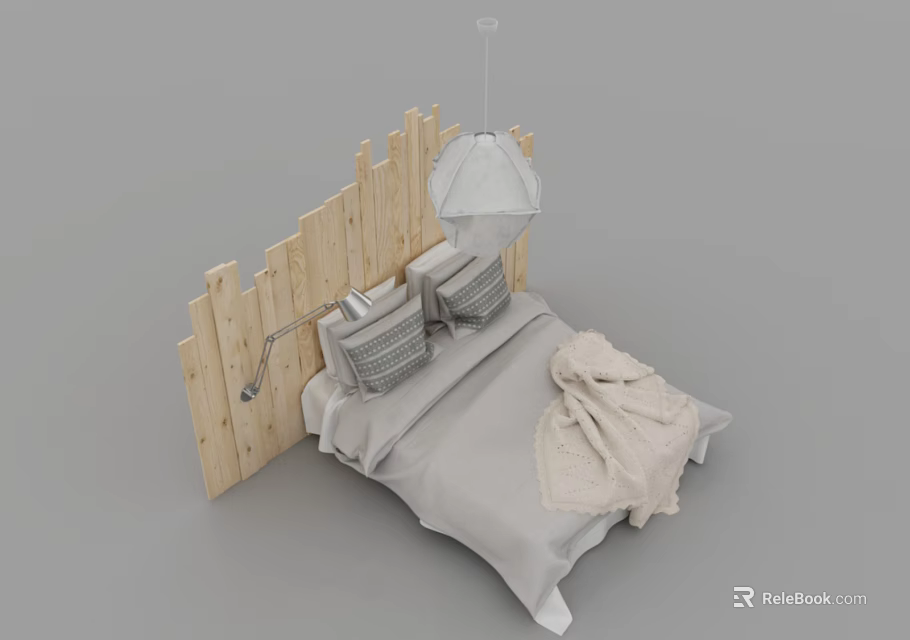 Double Bed with Wooden Headboard Gray Bedspread Pillows and White Pendant Light 3d model 
