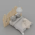 Double Bed with Wooden Headboard Gray Bedspread Pillows and White Pendant Light