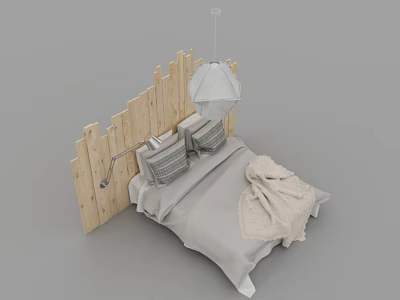 Double Bed with Wooden Headboard Gray Bedspread Pillows and White Pendant Light 3d model