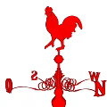Red Rooster Weathervane Landscape Sculpture In Outdoor Mountain Grassland With Blue Sky