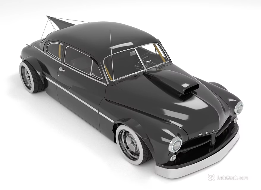 Black Classic Modified Car With Hood Scoop Custom Wheels And Spoiler 3d model 