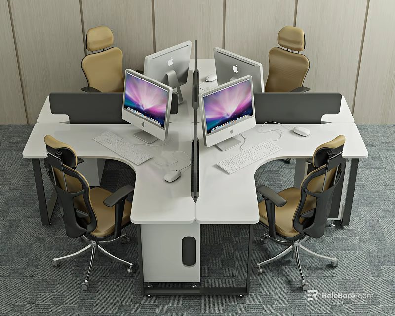 Modern Office Desk Workstation With Multiple Computer Monitors And Ergonomic Chairs 3d model
