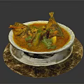 Delicious Curry Fish In White Bowl With Spicy Sauce And Fresh Cilantro On Marble Tray